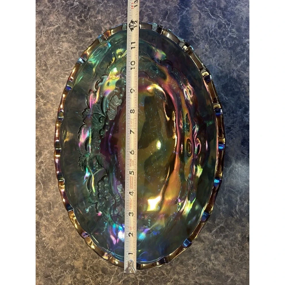 VTG Indiana Iridescent Carnival Glass BLUE Harvest Grape Footed Fruit Bowl